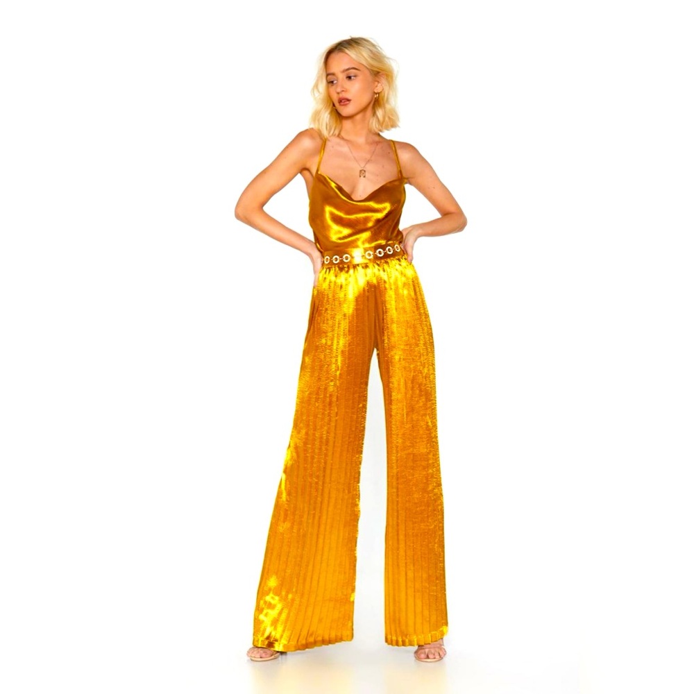 ☀️ NWT Nasty Gal Metallic Ruched Satin Wide accordion pleated palazzo vibrant 10